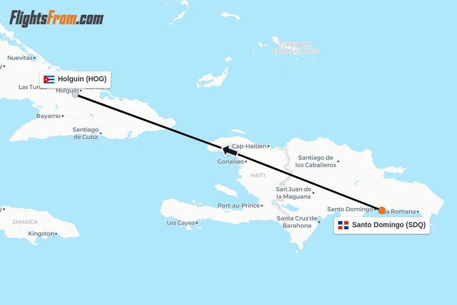 Flights from Santo Domingo to Holguin route map