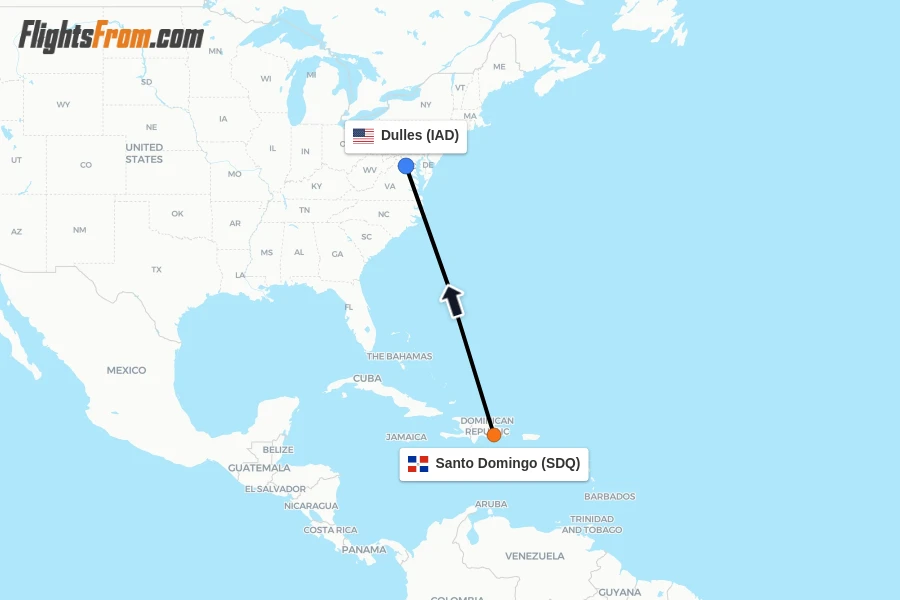 Flights from Santo Domingo to Dulles route map