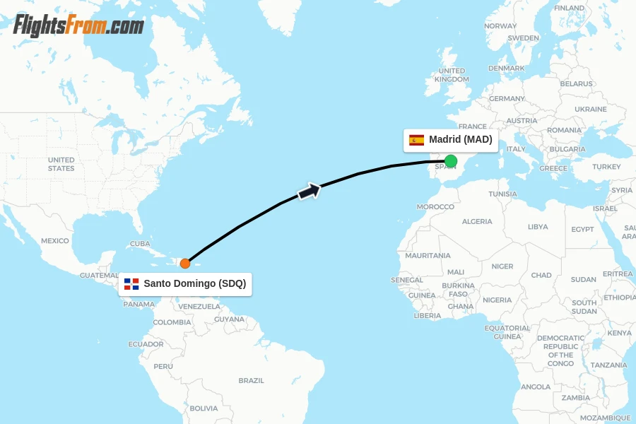 Flights from Santo Domingo to Madrid route map