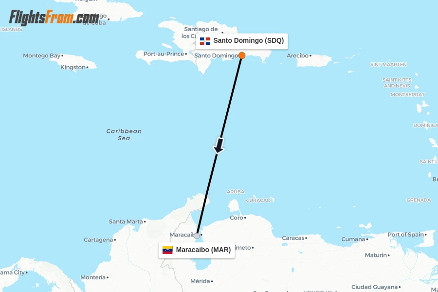 Flights from Santo Domingo to Maracaibo route map