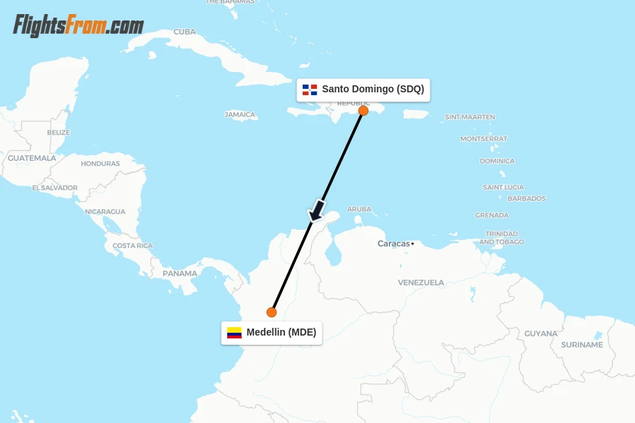 Flights from Santo Domingo to Medellin route map