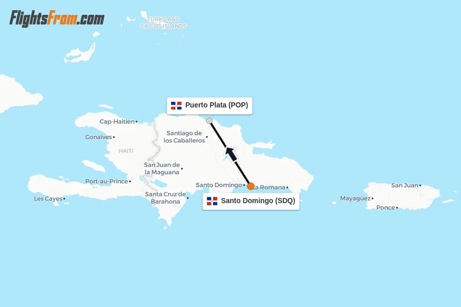 Flights from Santo Domingo to Puerto Plata route map
