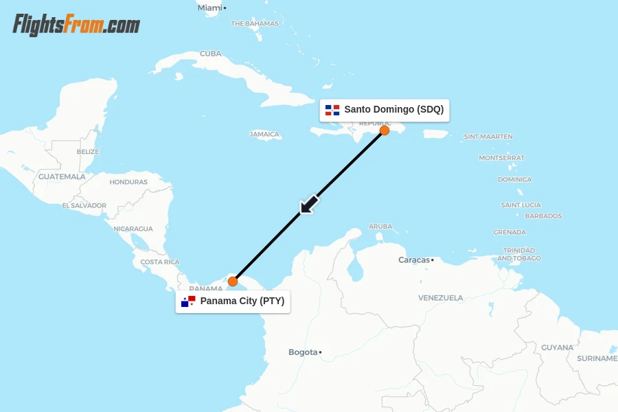 Flights from Santo Domingo to Panama City route map