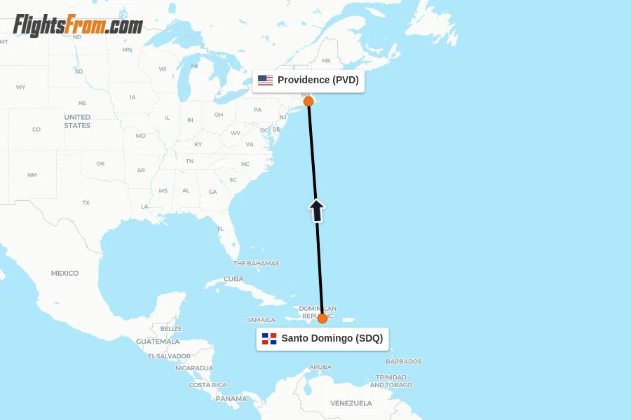 Flights from Santo Domingo to Providence route map