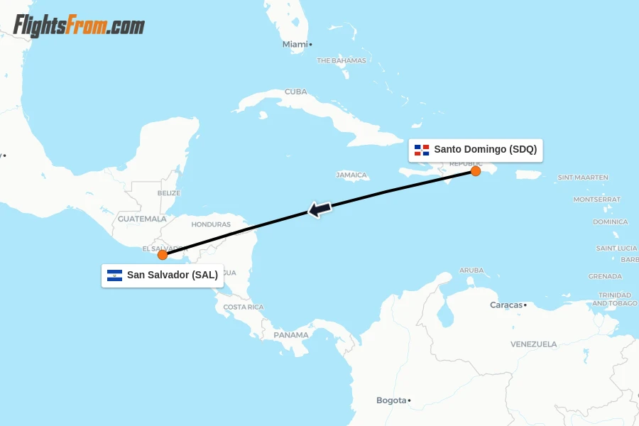 Flights from Santo Domingo to San Salvador route map