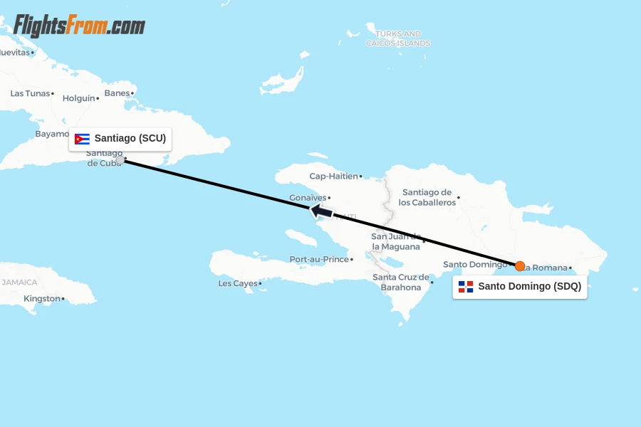 Flights from Santo Domingo to Santiago route map