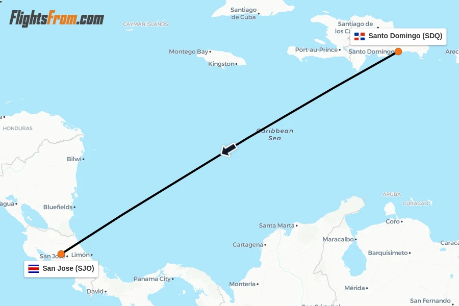 Flights from Santo Domingo to San Jose route map
