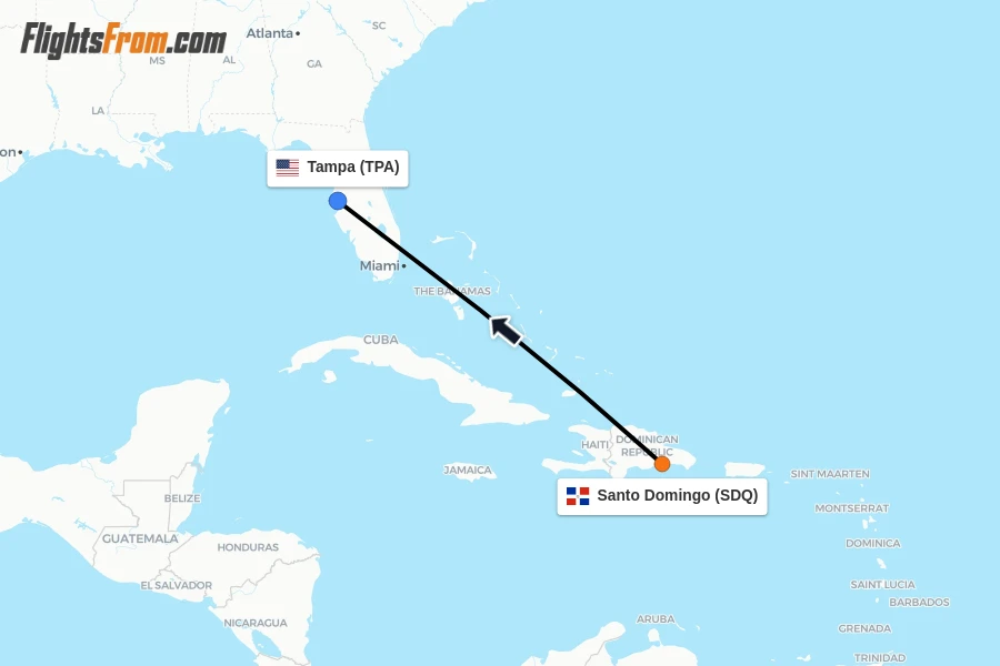 Flights from Santo Domingo to Tampa route map
