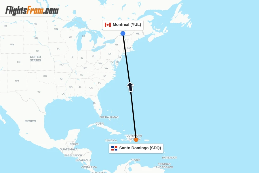 Flights from Santo Domingo to Montreal route map
