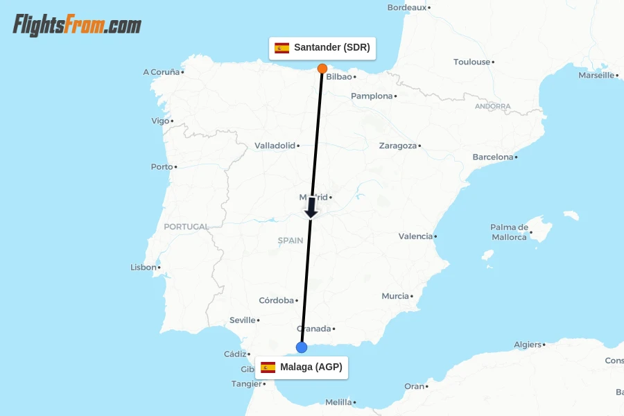 Flights from Santander to Malaga route map