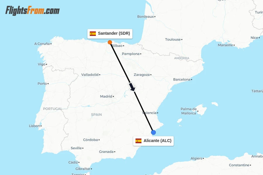 Flights from Santander to Alicante route map