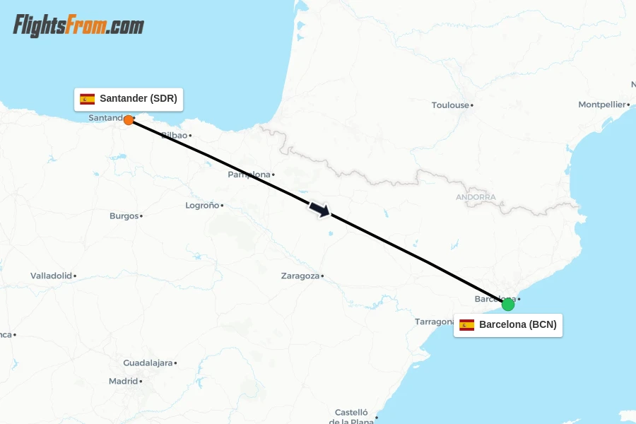 Flights from Santander to Barcelona route map