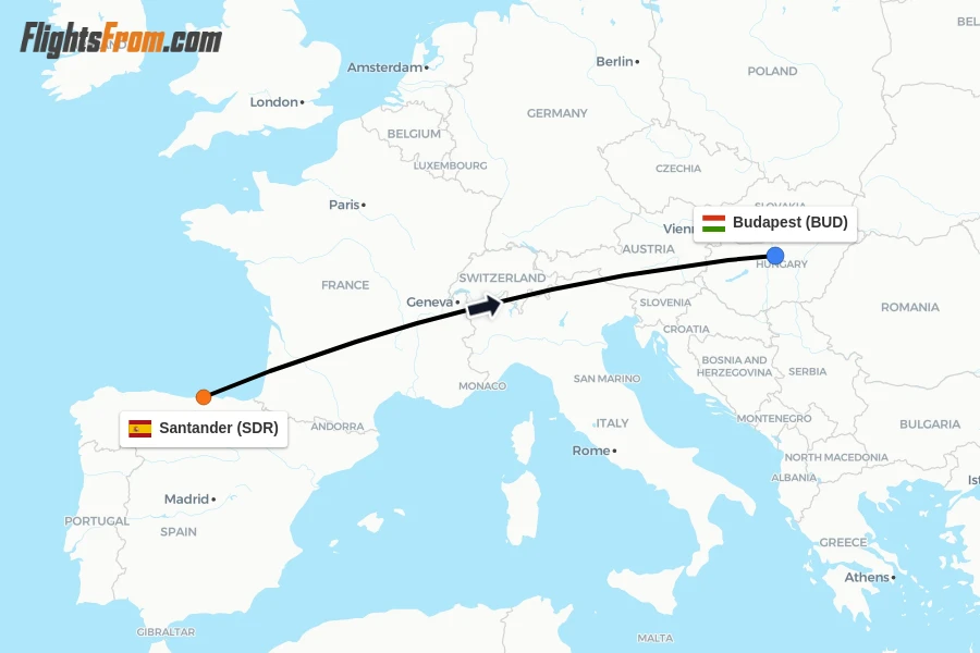 Flights from Santander to Budapest route map