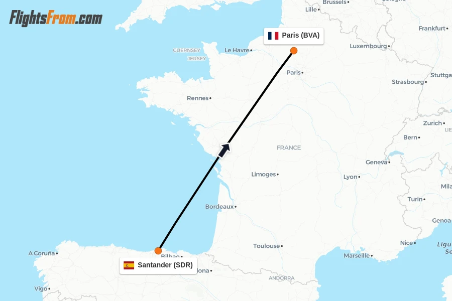 Flights from Santander to Paris route map