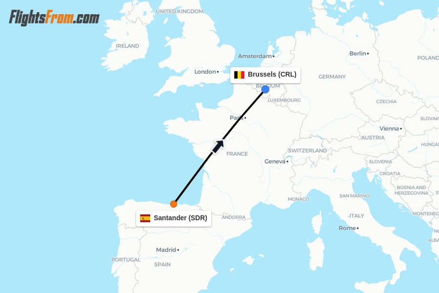 Flights from Santander to Brussels route map
