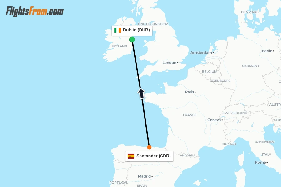 Flights from Santander to Dublin route map
