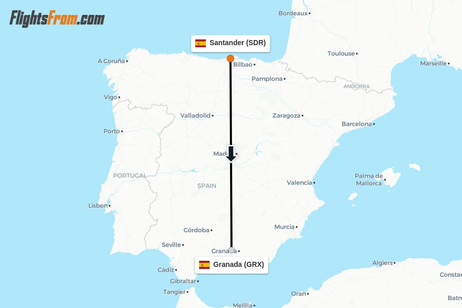 Flights from Santander to Granada route map