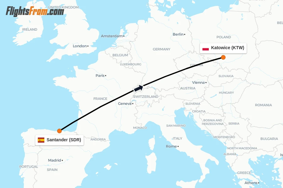 Flights from Santander to Katowice route map