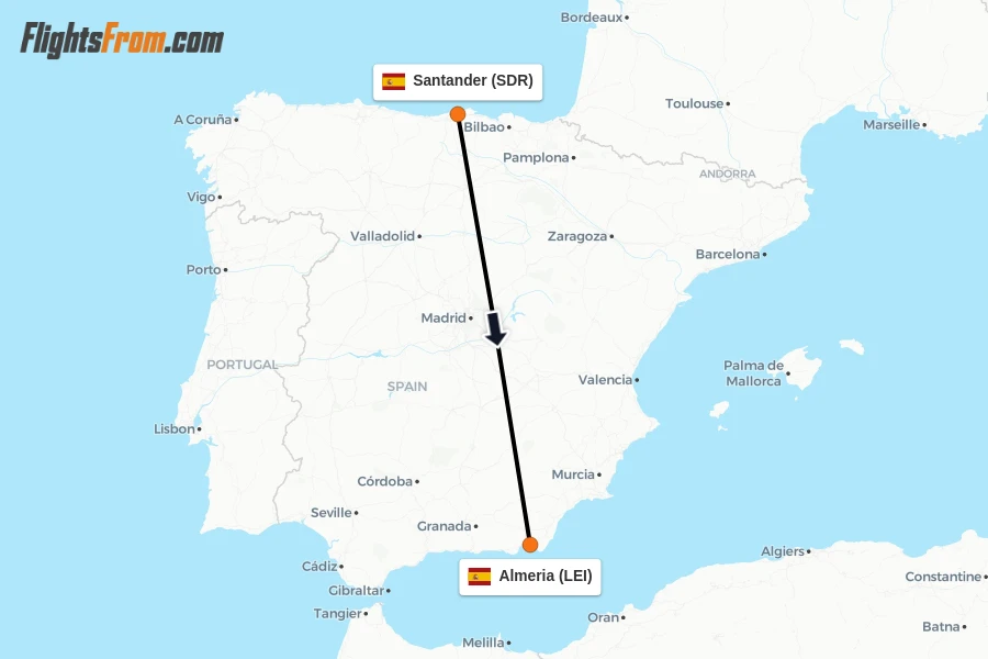 Flights from Santander to Almeria route map