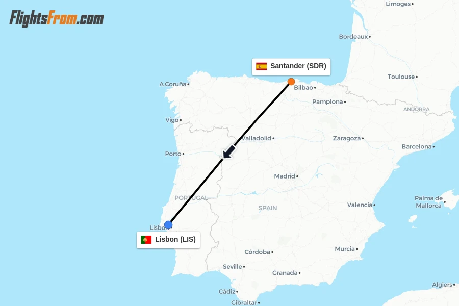Flights from Santander to Lisbon route map