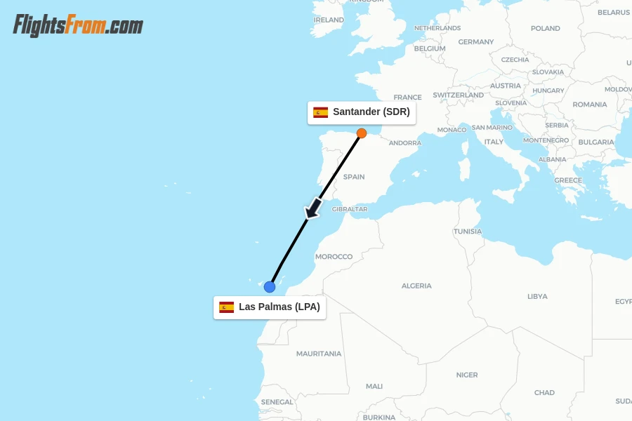 Flights from Santander to Las Palmas route map