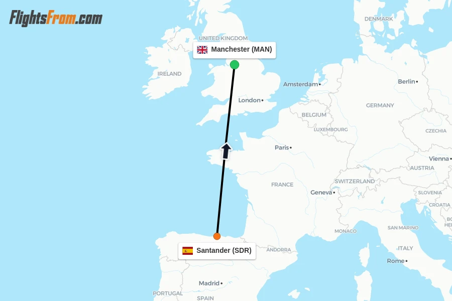 Flights from Santander to Manchester route map