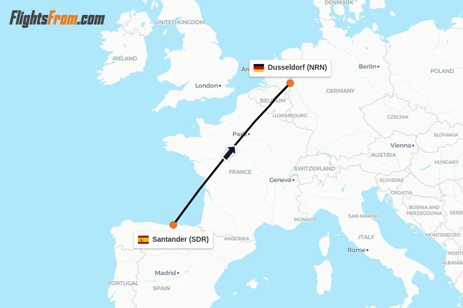 Flights from Santander to Dusseldorf route map