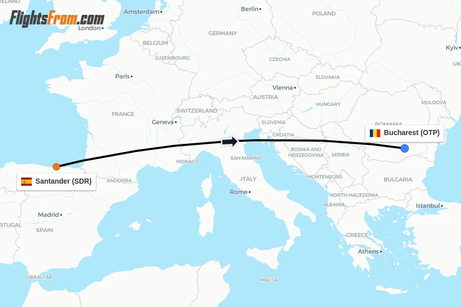 Flights from Santander to Bucharest route map