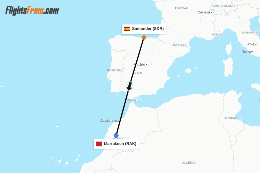 Flights from Santander to Marrakech route map