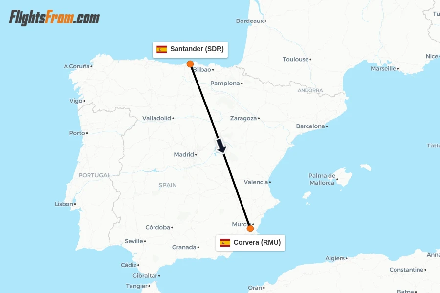 Flights from Santander to Corvera route map