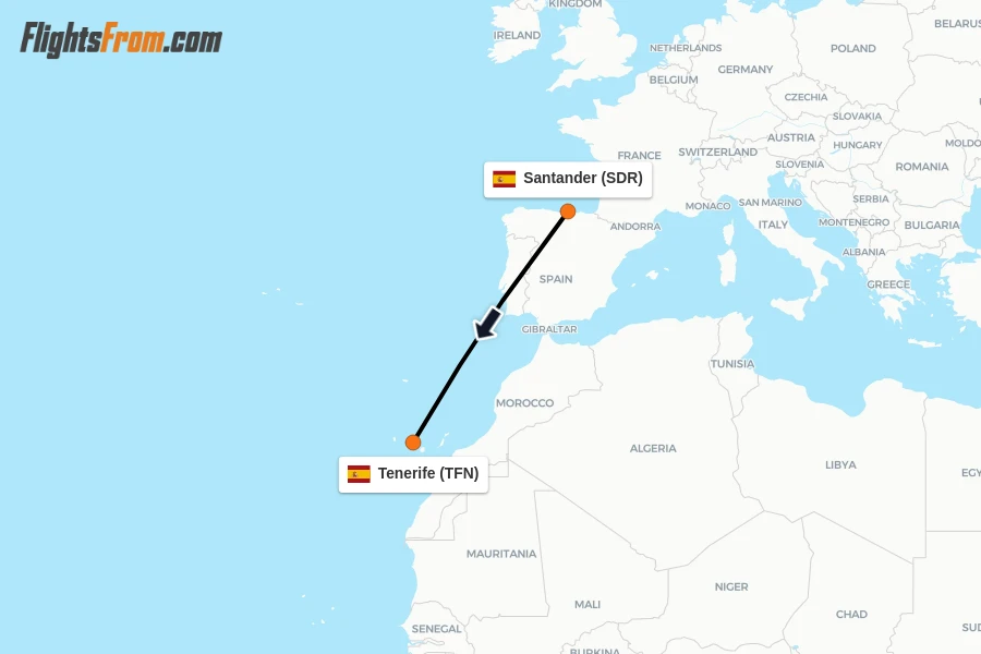 Flights from Santander to Tenerife route map