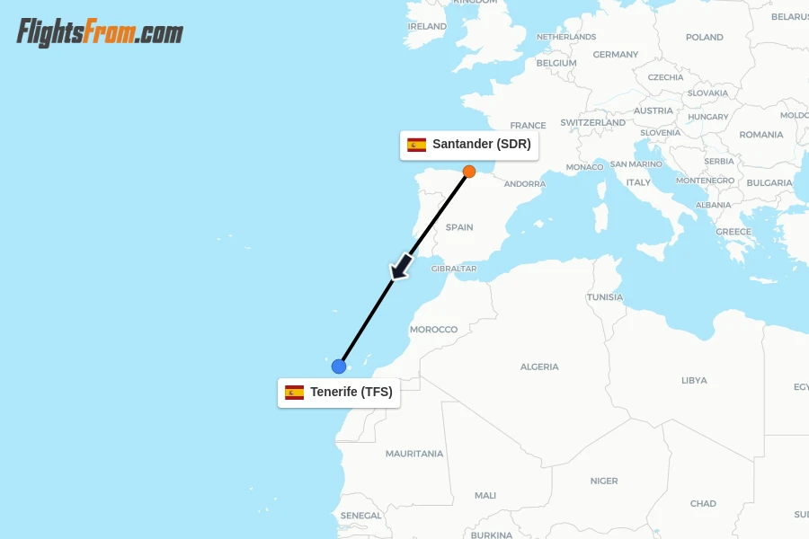 Flights from Santander to Tenerife route map