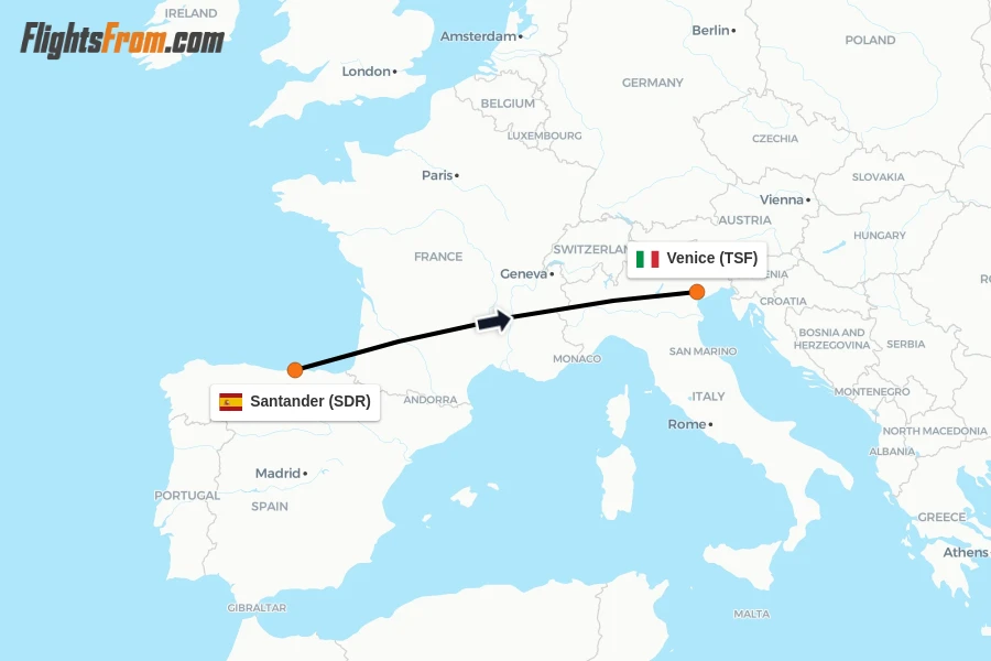 Flights from Santander to Venice route map