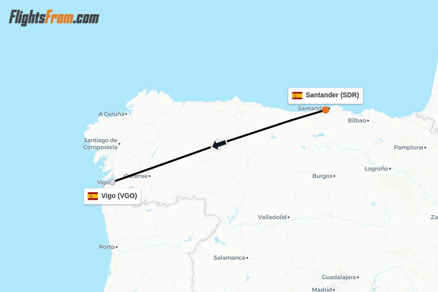 Flights from Santander to Vigo route map