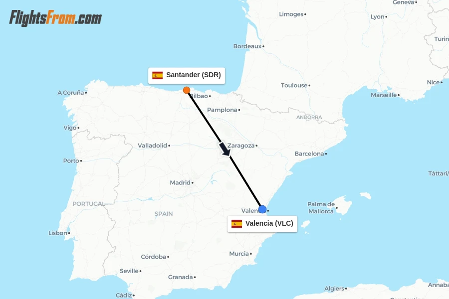 Flights from Santander to Valencia route map