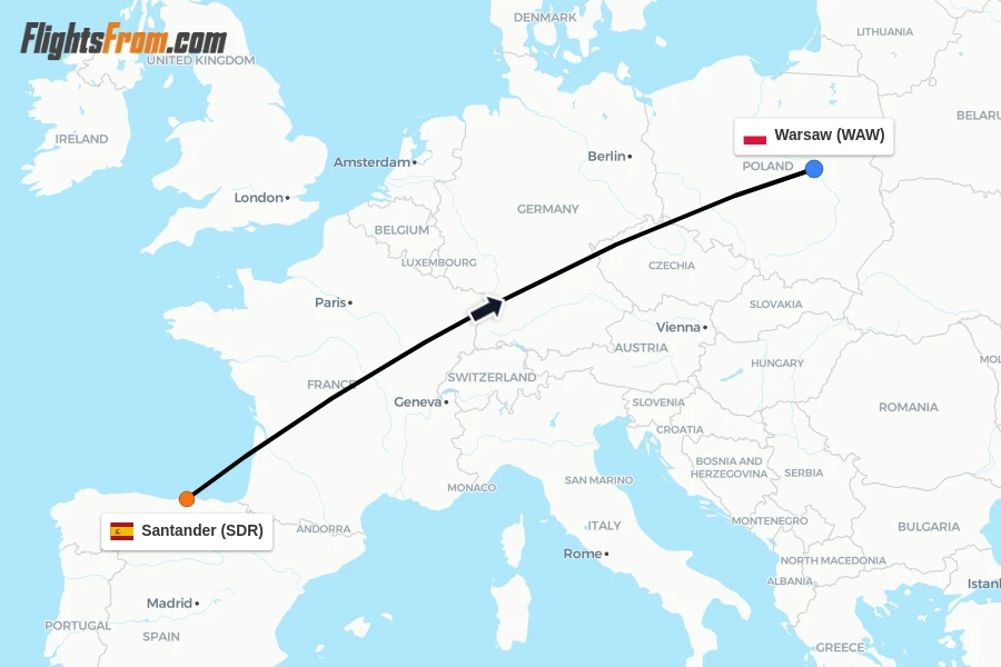Flights from Santander to Warsaw route map