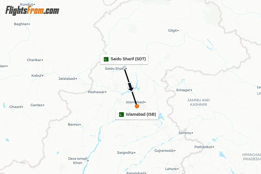 Flights from Saidu Sharif to Islamabad route map