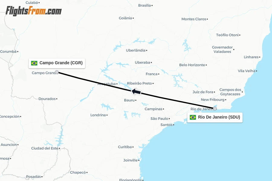 Flights from Rio De Janeiro to Campo Grande route map