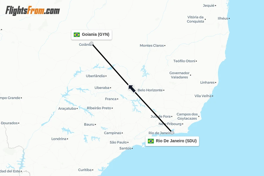 Flights from Rio De Janeiro to Goiania route map