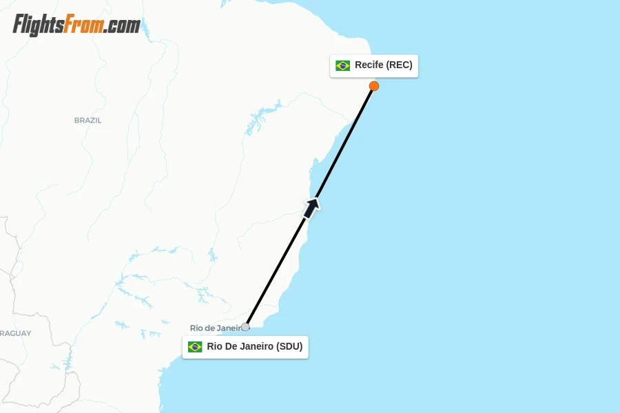 Flights from Rio De Janeiro to Recife route map