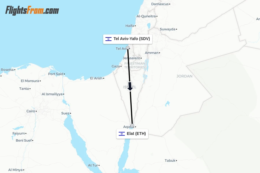 Flights from Tel Aviv-Yafo to Elat route map