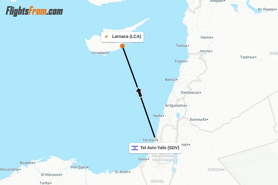 Flights from Tel Aviv-Yafo to Larnaca route map