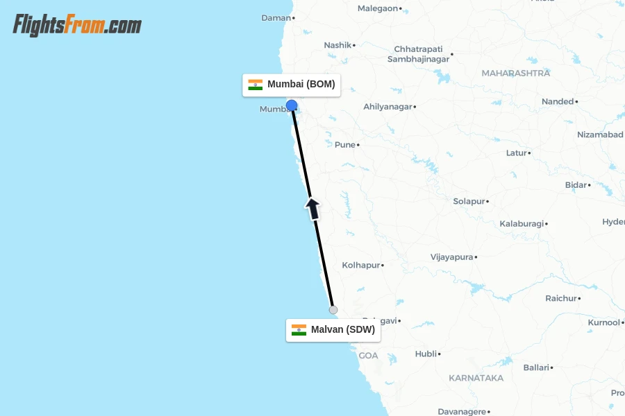 Flights from Malvan to Mumbai route map