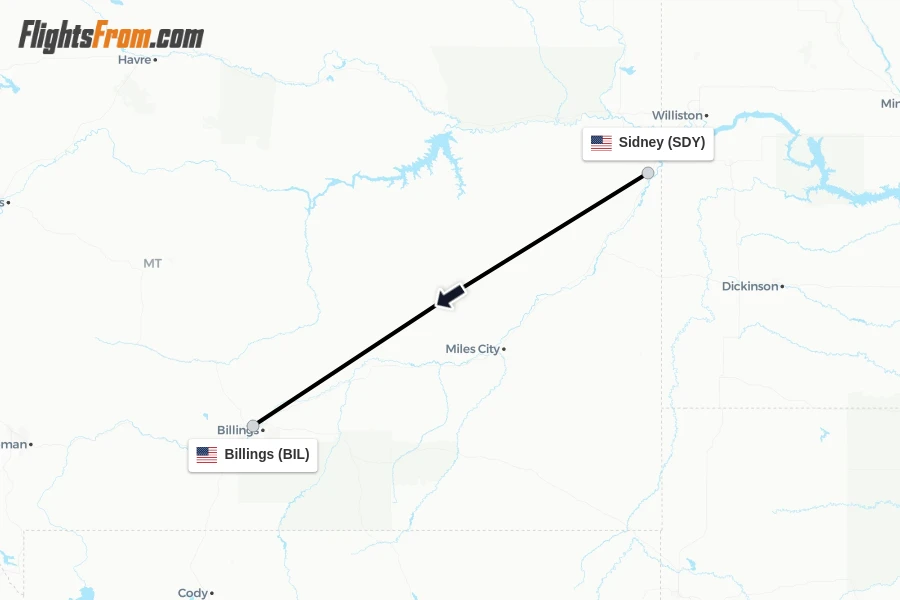Flights from Sidney to Billings route map