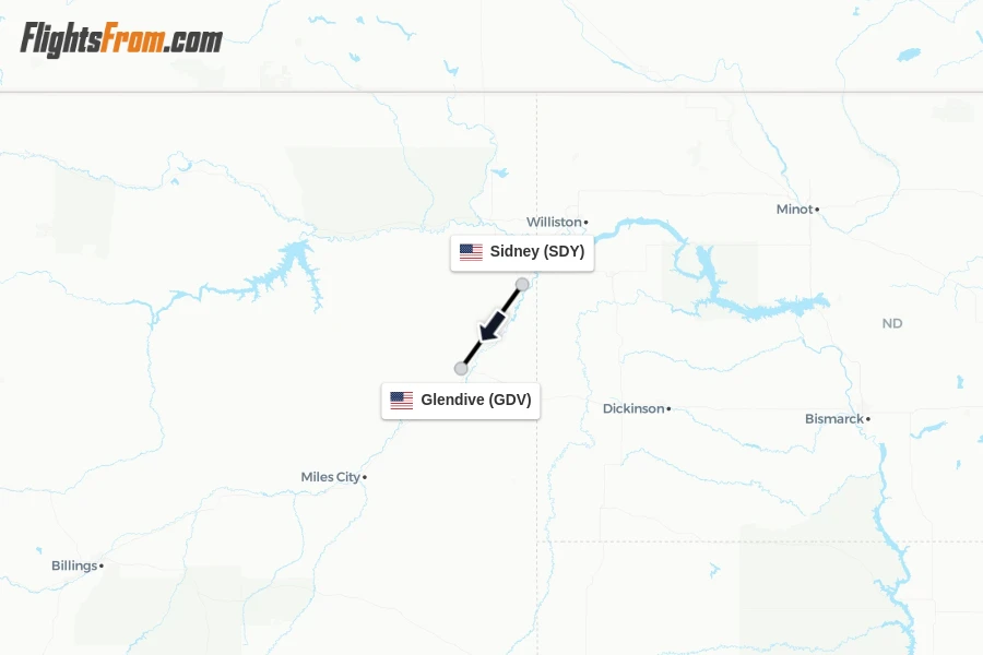 Flights from Sidney to Glendive route map