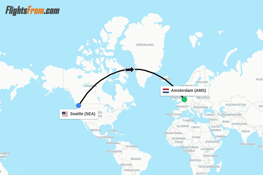 Flights from Seattle to Amsterdam route map