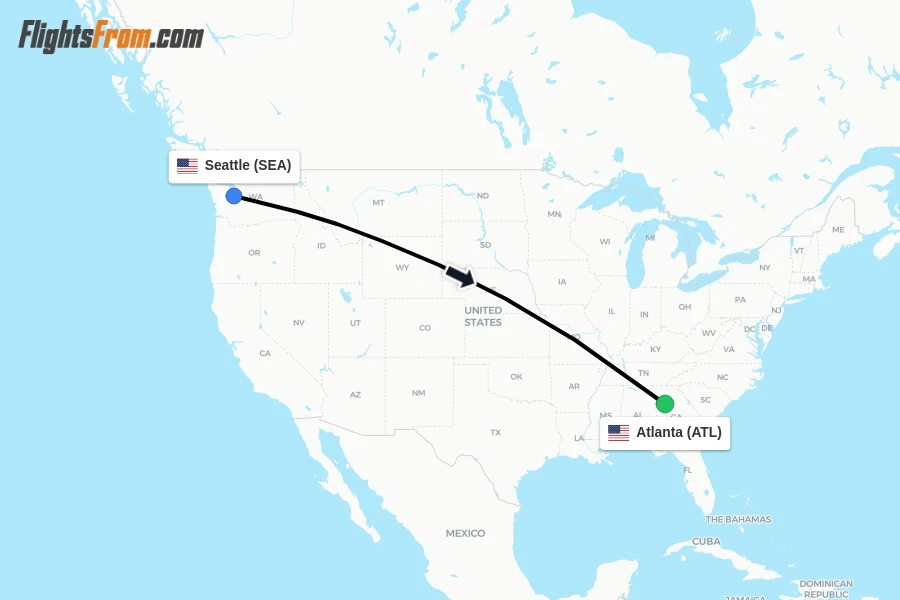 Flights from Seattle to Atlanta route map