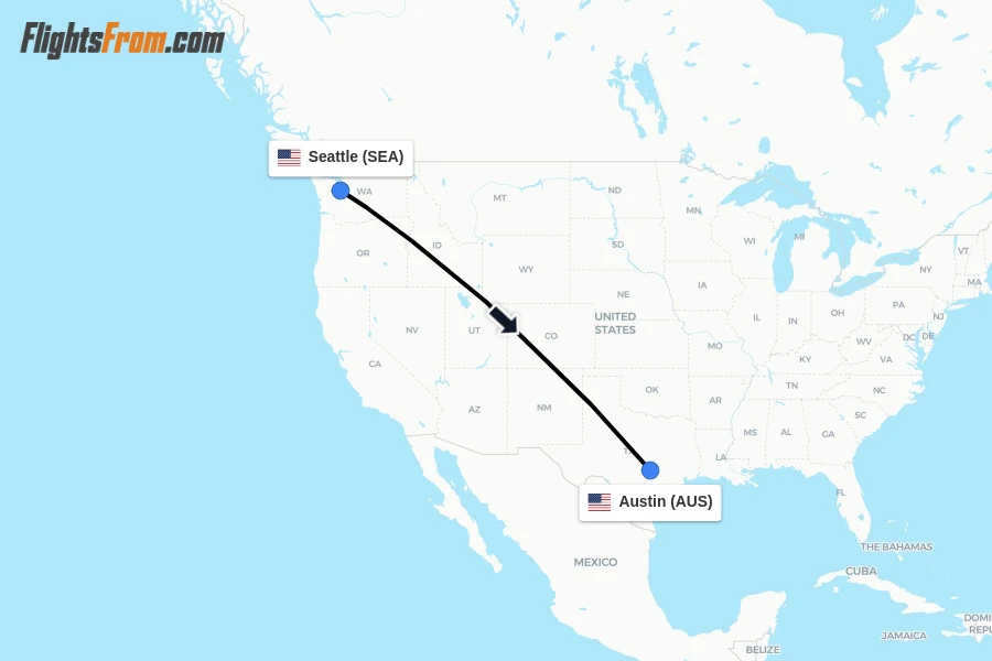 Flights from Seattle to Austin route map