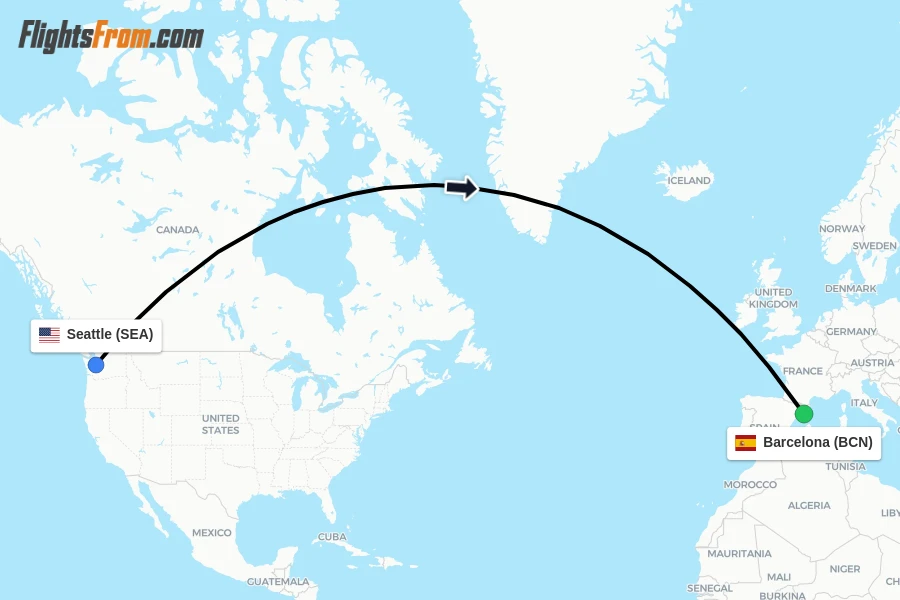 Flights from Seattle to Barcelona route map