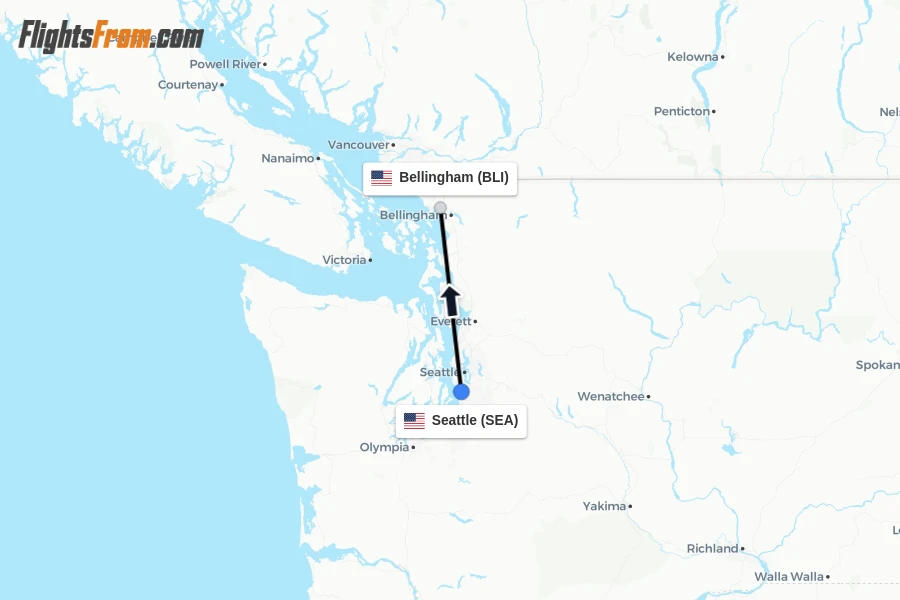 Flights from Seattle to Bellingham route map